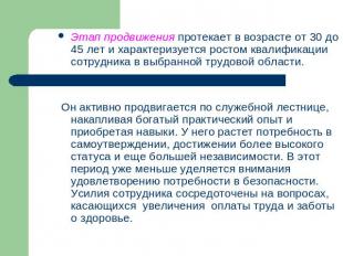 Этап продвижения протекает в возрасте от 30 до 45 лет и характеризуется ростом к