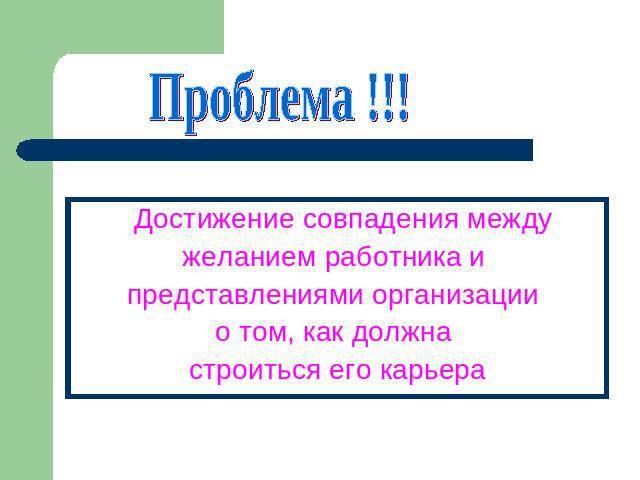 Проблема !!! Достижение совпадения между желанием работника и представлениями организации о том, как должна строиться его карьера