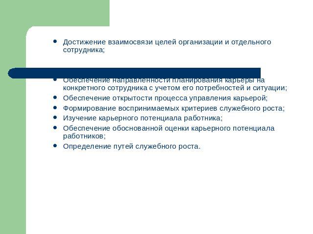 Достижение взаимосвязи целей организации и отдельного сотрудника;Обеспечение направленности планирования карьеры на конкретного сотрудника с учетом его потребностей и ситуации;Обеспечение открытости процесса управления карьерой;Формирование восприни…