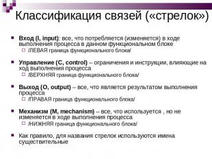 Классификация связей («стрелок») Вход (I, input): все, что потребляется (изменяе