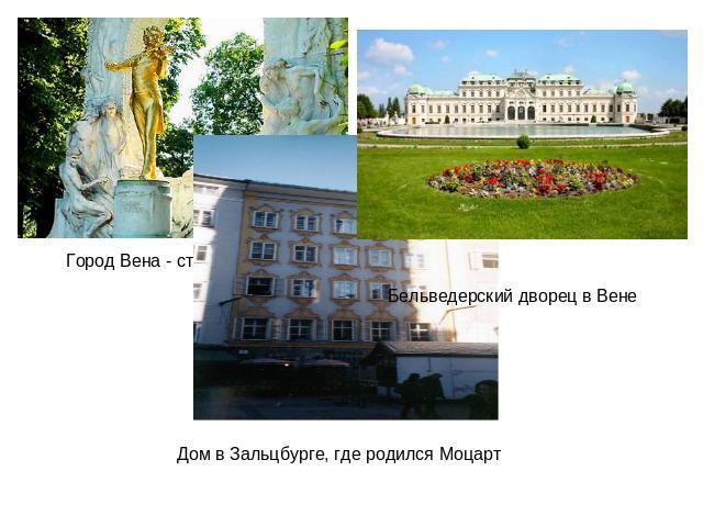 Город Вена - столица Австрии Бельведерский дворец в Вене Дом в Зальцбурге, где родился Моцарт