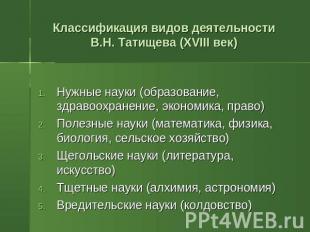 Классификация видов деятельности В.Н. Татищева (XVIII век) Нужные науки (образов