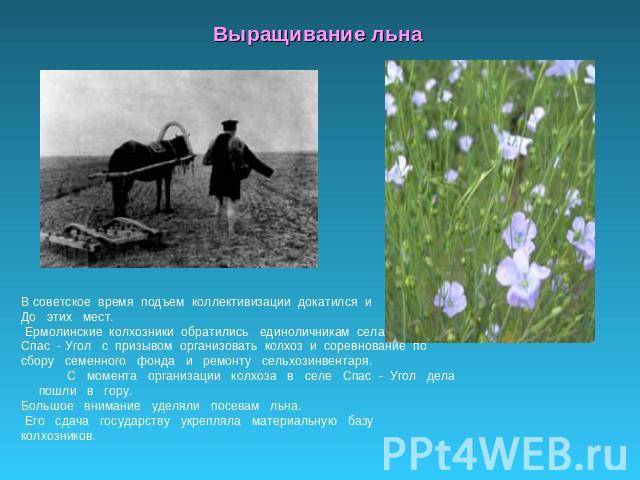 Выращивание льна В советское время подъем коллективизации докатился и До этих мест. Ермолинские колхозники обратились единоличникам селаСпас - Угол с призывом организовать колхоз и соревнование посбору семенного фонда и ремонту сельхозинвентаря. С м…