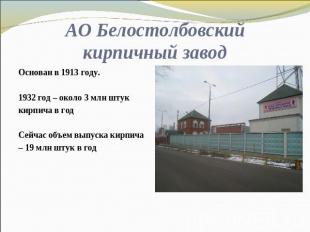 АО Белостолбовский кирпичный завод Основан в 1913 году.1932 год – около 3 млн шт