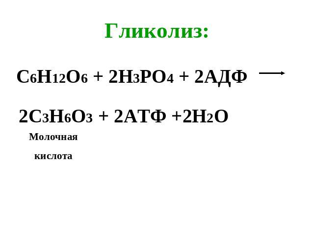 Гликолиз: С6Н12О6 + 2Н3РО4 + 2АДФ 2С3Н6О3 + 2АТФ +2Н2О Молочнаякислота