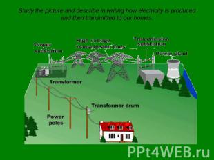 Study the picture and describe in writing how electricity is produced and then t