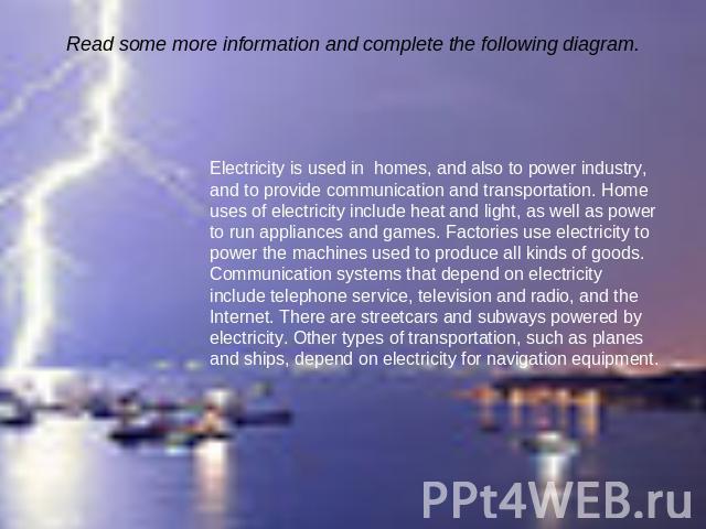 Read some more information and complete the following diagram. Electricity is used in homes, and also to power industry, and to provide communication and transportation. Home uses of electricity include heat and light, as well as power to run applia…