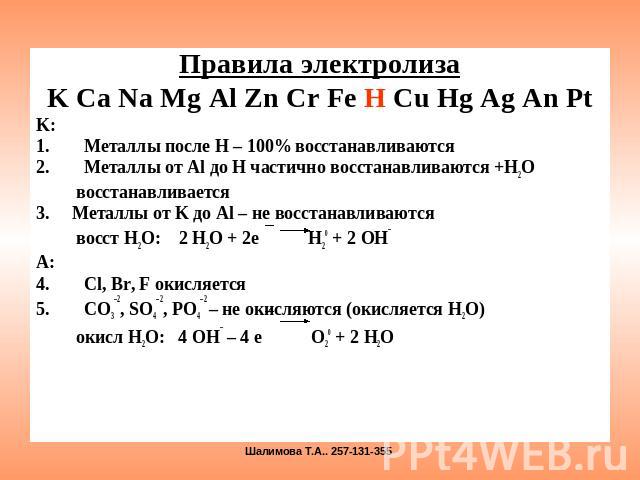 Правила электролизаK Ca Na Mg Al Zn Cr Fe H Cu Hg Ag An PtK:Металлы после H – 100% восстанавливаютсяМеталлы от Al до H частично восстанавливаются +H2O восстанавливается3. Металлы от K до Al – не восстанавливаются восст H2O: 2 H2O + 2e H20 + 2 OH– A:…