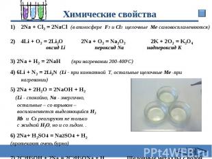 Химические свойства 2Na + Cl2 = 2NaCl (в атмосфере F2 и Cl2 щелочные Me самовосп