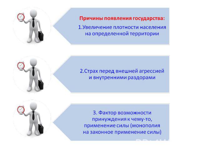 Причины появления государства:1.Увеличение плотности населения на определенной территории2.Страх перед внешней агрессией и внутренними раздорами3. Фактор возможности принуждения к чему-то, применение силы (монополия на законное применение силы)