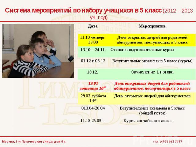 Система мероприятий по набору учащихся в 5 класс (2012 – 2013 уч. год)