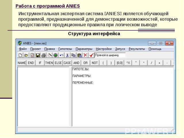 Работа с программой ANIES Инструментальная экспертная система ANIES является обучающей программой, предназначенной для демонстрации возможностей, которые предоставляют продукционные правила при логическом выводе
