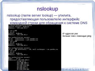nslookup nslookup (name server lookup) — утилита, предоставляющая пользователю и
