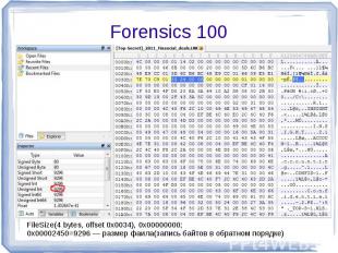 Forensics 100 FileSize(4 bytes, offset 0x0034), 0x00000000;0x00002450=9296 — раз