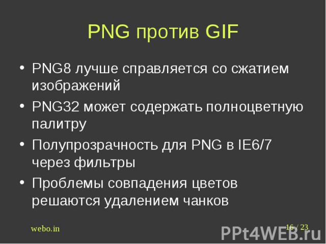 PNG против GIF PNG8 лучше справляется со сжатием изображенийPNG32 может содержать полноцветную палитруПолупрозрачность для PNG в IE6/7 через фильтрыПроблемы совпадения цветов решаются удалением чанков