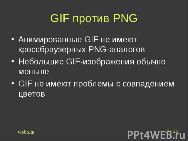 GIF против PNG Анимированные GIF не имеют кроссбраузерных PNG-аналоговНебольшие GIF-изображения обычно меньшеGIF не имеют проблемы с совпадением цветов