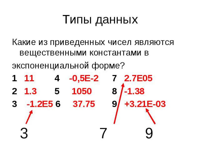 Типы данных Какие из приведенных чисел являются вещественными константами вэкспоненциальной форме?1 11 4 -0,5E-2 7 2.7E052 1.3 5 1050 8 -1.383 -1.2E5 6 37.75 9 +3.21E-03