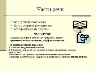 Слов в русском языке много. Есть у слов и общие признаки, объединяющие их в груп
