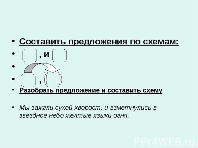 Составить предложения по схемам: , и , Разобрать предложение и составить схему Мы зажгли сухой хворост, и взметнулись в звездное небо желтые языки огня.