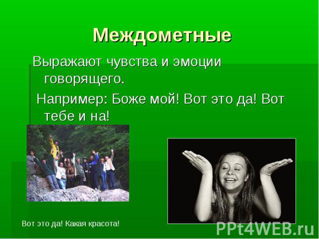 Междометные Выражают чувства и эмоции говорящего. Например: Боже мой! Вот это да! Вот тебе и на!