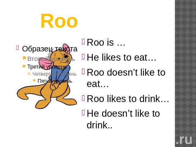 RooRoo is …He likes to eat…Roo doesn’t like to eat…Roo likes to drink…He doesn’t like to drink..