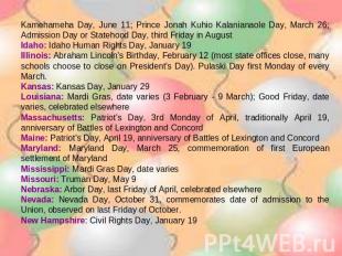 Kamehameha Day, June 11; Prince Jonah Kuhio Kalanianaole Day, March 26; Admissio