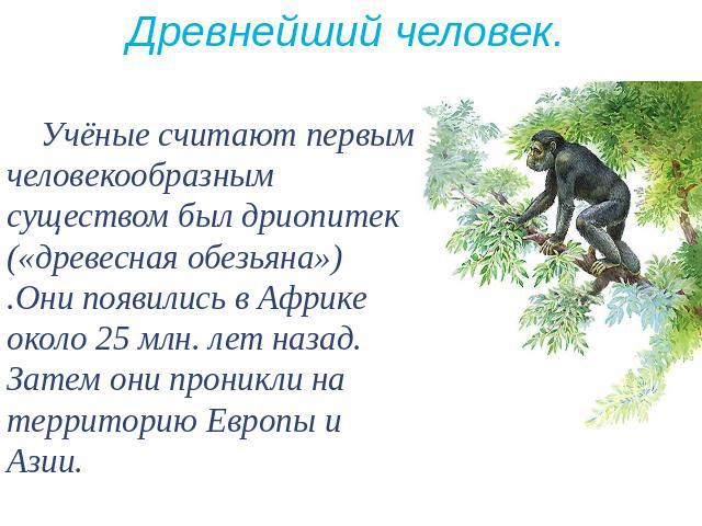 Древнейший человек. Учёные считают первым человекообразным существом был дриопитек («древесная обезьяна») .Они появились в Африке около 25 млн. лет назад. Затем они проникли на территорию Европы и Азии.