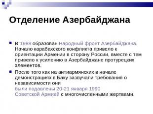 В 1988 образован Народный фронт Азербайджана. Начало карабахского конфликта прив