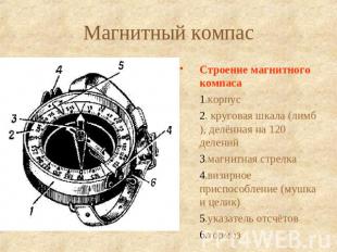 Магнитный компас Строение магнитного компаса 1.корпус 2. круговая шкала (лимб),