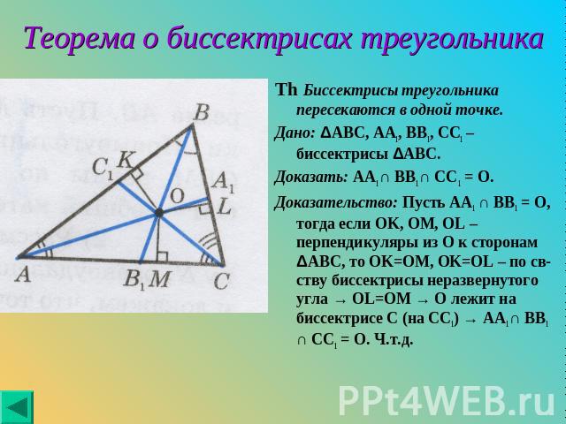 Th Биссектрисы треугольника пересекаются в одной точке. Th Биссектрисы треугольника пересекаются в одной точке. Дано: ΔABC, AA1, BB1, CC1 – биссектрисы ΔABC. Доказать: AA1 ∩ BB1 ∩ CC1 = O. Доказательство: Пусть AA1 ∩ BB1 = O, тогда если OK, OM, OL –…