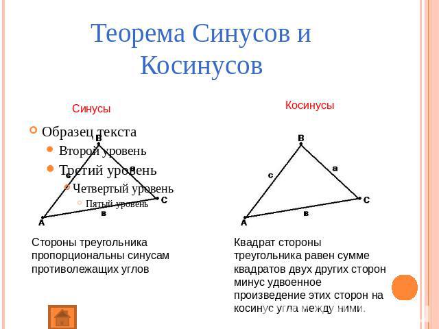 Теорема Синусов и Косинусов Синусы Косинусы Стороны треугольника пропорциональны синусам противолежащих углов Квадрат стороны треугольника равен сумме квадратов двух других сторон минус удвоенное произведение этих сторон на косинус угла между ними.