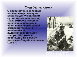 «Судьба человека» О своей встрече в первую послевоенную весну на Верхнем Дону с