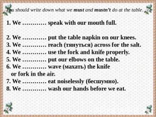 You should write down what we must and mustn’t do at the table.   1. We ………… spe
