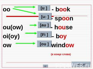 oo - book oo - book - spoon ou(ow) - house oi(oy) – boy ow - window (в конце сло