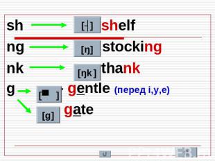 sh - shelf sh - shelf ng - stocking nk - thank g - gentle (перед i,y,e) - gate