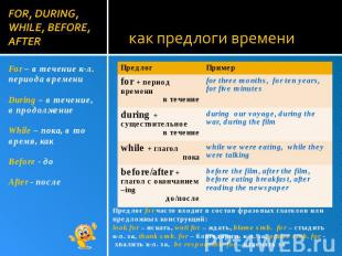 FOR, DURING, WHILE, BEFORE, AFTER For – в течение к-л. периода времени During –