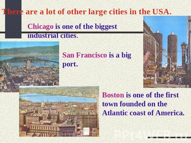 There are a lot of other large cities in the USA. Chicago is one of the biggest industrial cities. San Francisco is a big port. Boston is one of the first town founded on the Atlantic coast of America.