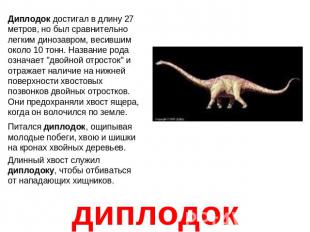 Диплодокдиплодок достигал в длину 27 метров, но был сравнительно легким динозавр