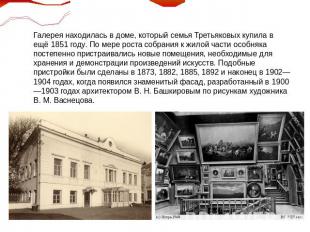 Галерея находилась в доме, который семья Третьяковых купила в ещё 1851 году. По