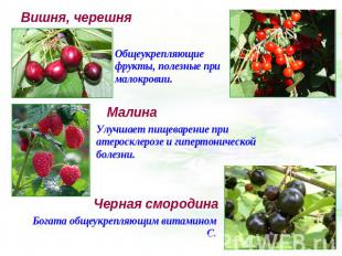 Вишня, черешня Общеукрепляющие фрукты, полезные при малокровии. Малина Улучшает