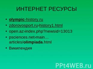 ИНТЕРНЕТ РЕСУРСЫ olympic-history.ru zdorovosport.ru›history1.html open.az›index.