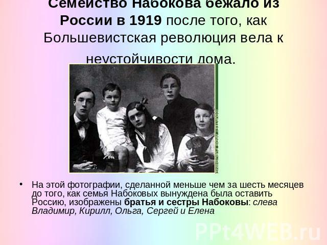 Семейство Набокова бежало из России в 1919 после того, как Большевистская революция вела к неустойчивости дома. На этой фотографии, сделанной меньше чем за шесть месяцев до того, как семья Набоковых вынуждена была оставить Россию, изображены братья …