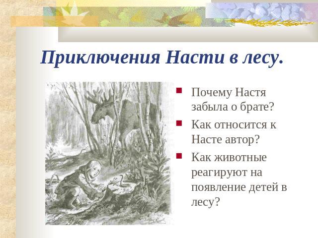 Приключения Насти в лесу. Почему Настя забыла о брате? Как относится к Насте автор? Как животные реагируют на появление детей в лесу?