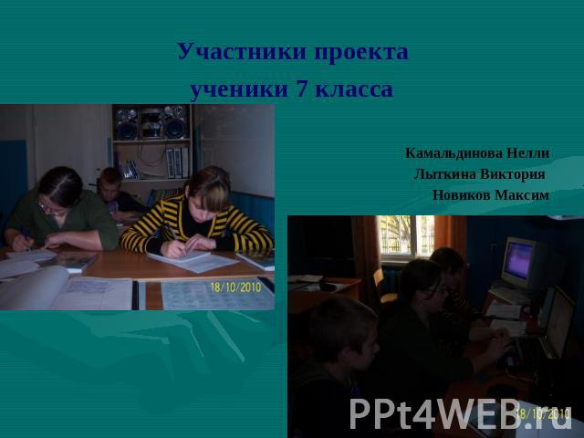 Участники проекта ученики 7 класса Камальдинова Нелли Лыткина Виктория Новиков Максим