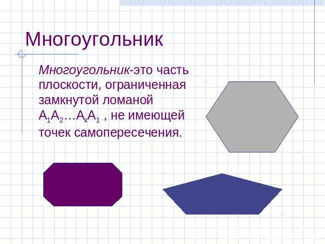 Многоугольник Многоугольник-это часть плоскости, ограниченная замкнутой ломаной А1А2…АкА1 , не имеющей точек самопересечения.