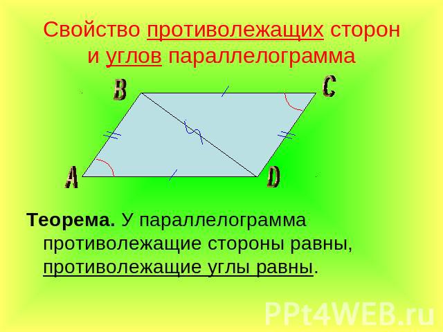Свойство противолежащих сторони углов параллелограмма Теорема. У параллелограмма противолежащие стороны равны, противолежащие углы равны.