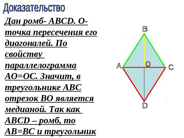 Дан ромб- АВСD. О- точка пересечения его диагоналей. По свойству параллелограмма АО=ОС. Значит, в треугольнике АВС отрезок ВО является медианой. Так как АВСD – ромб, то АВ=ВС и треугольник АВС равнобедренный.