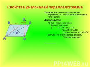 Свойства диагоналей параллелограмма Теорема: Диагонали паралелограмма пересекают