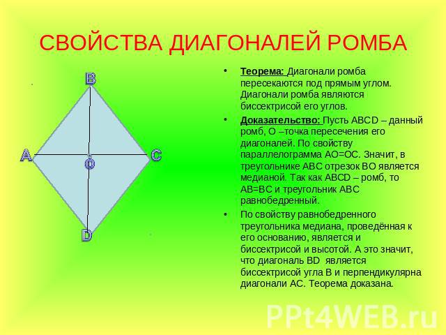 СВОЙСТВА ДИАГОНАЛЕЙ РОМБА Теорема: Диагонали ромба пересекаются под прямым углом. Диагонали ромба являются биссектрисой его углов. Доказательство: Пусть АВСD – данный ромб, О –точка пересечения его диагоналей. По свойству параллелограмма АО=ОС. Знач…