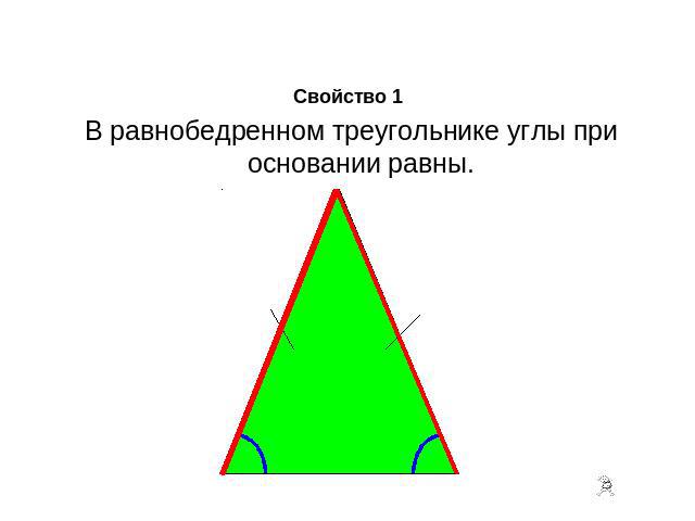 Свойство 1 В равнобедренном треугольнике углы при основании равны.